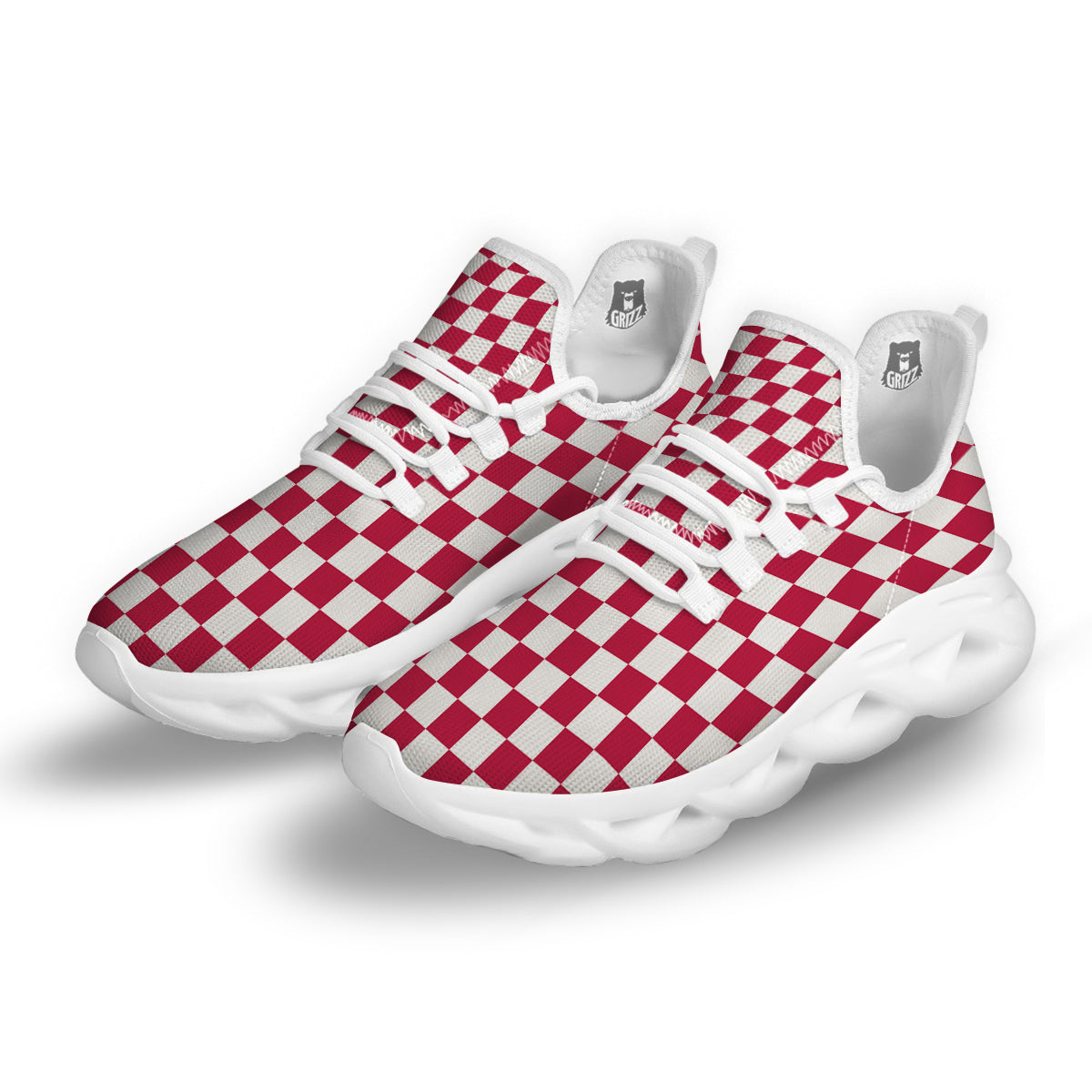 Crimson Checkered Flag Print White Running Shoes-grizzshop