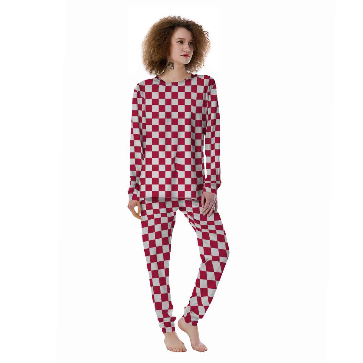 Crimson Checkered Flag Print Women's Pajamas-grizzshop