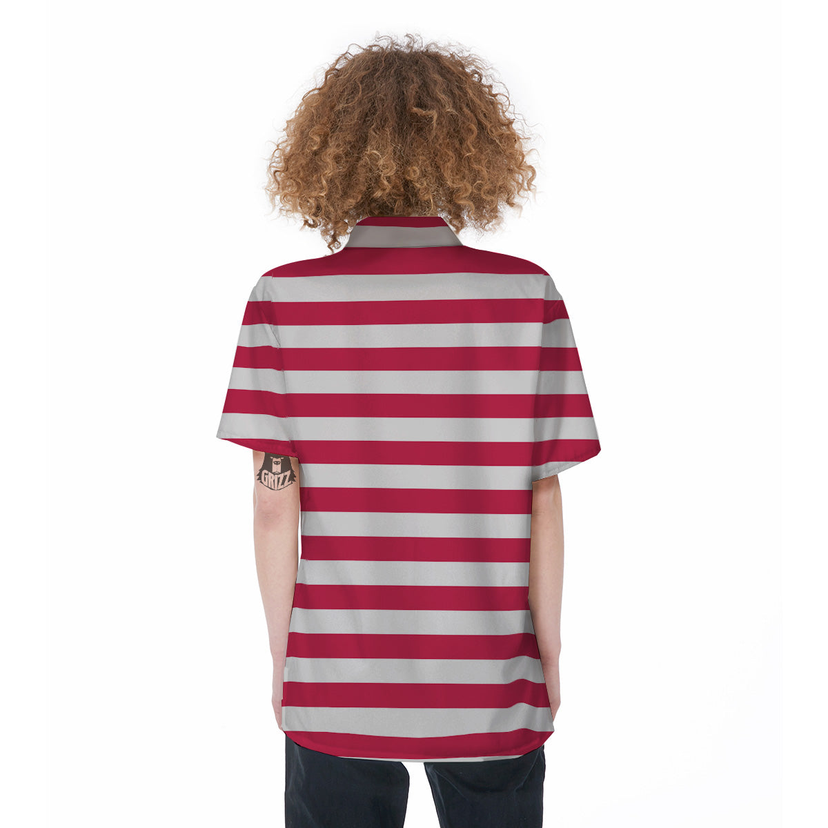 Crimson Color Striped Print Women's Short Sleeve Shirts-grizzshop