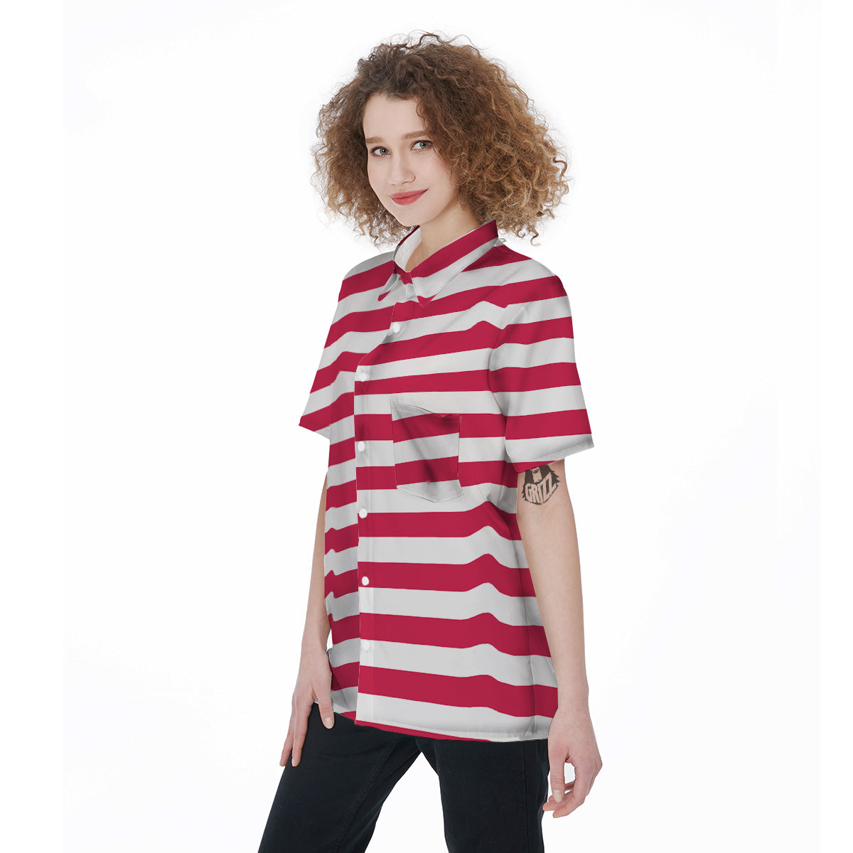 Crimson Color Striped Print Women's Short Sleeve Shirts-grizzshop