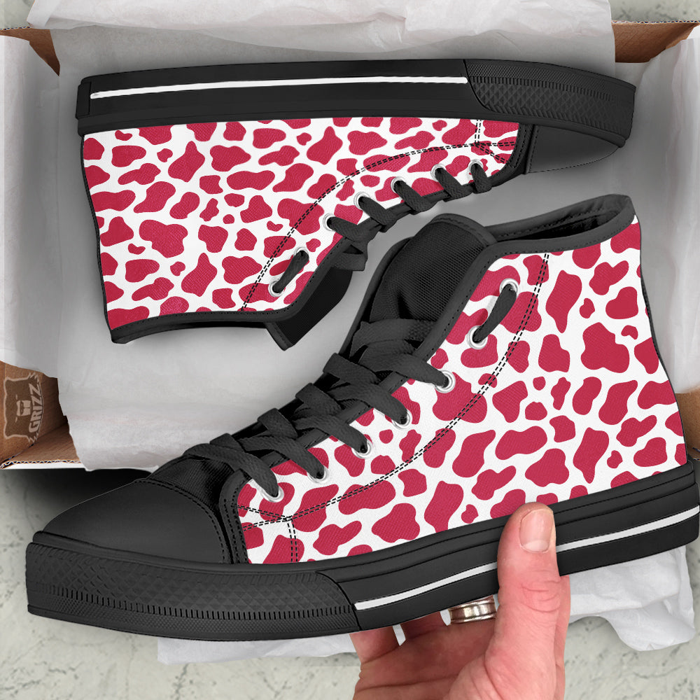Crimson Cow Print Pattern Black High Top Shoes-grizzshop
