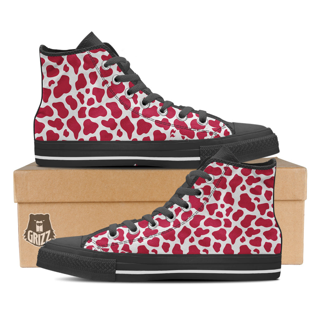 Crimson Cow Print Pattern Black High Top Shoes-grizzshop