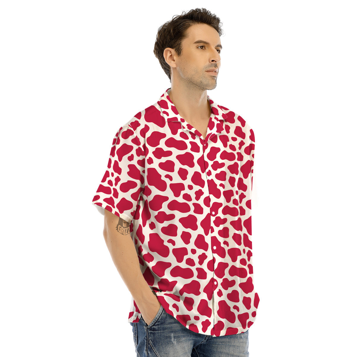 Crimson Cow Print Pattern Men’s Hawaiian Shirt-grizzshop