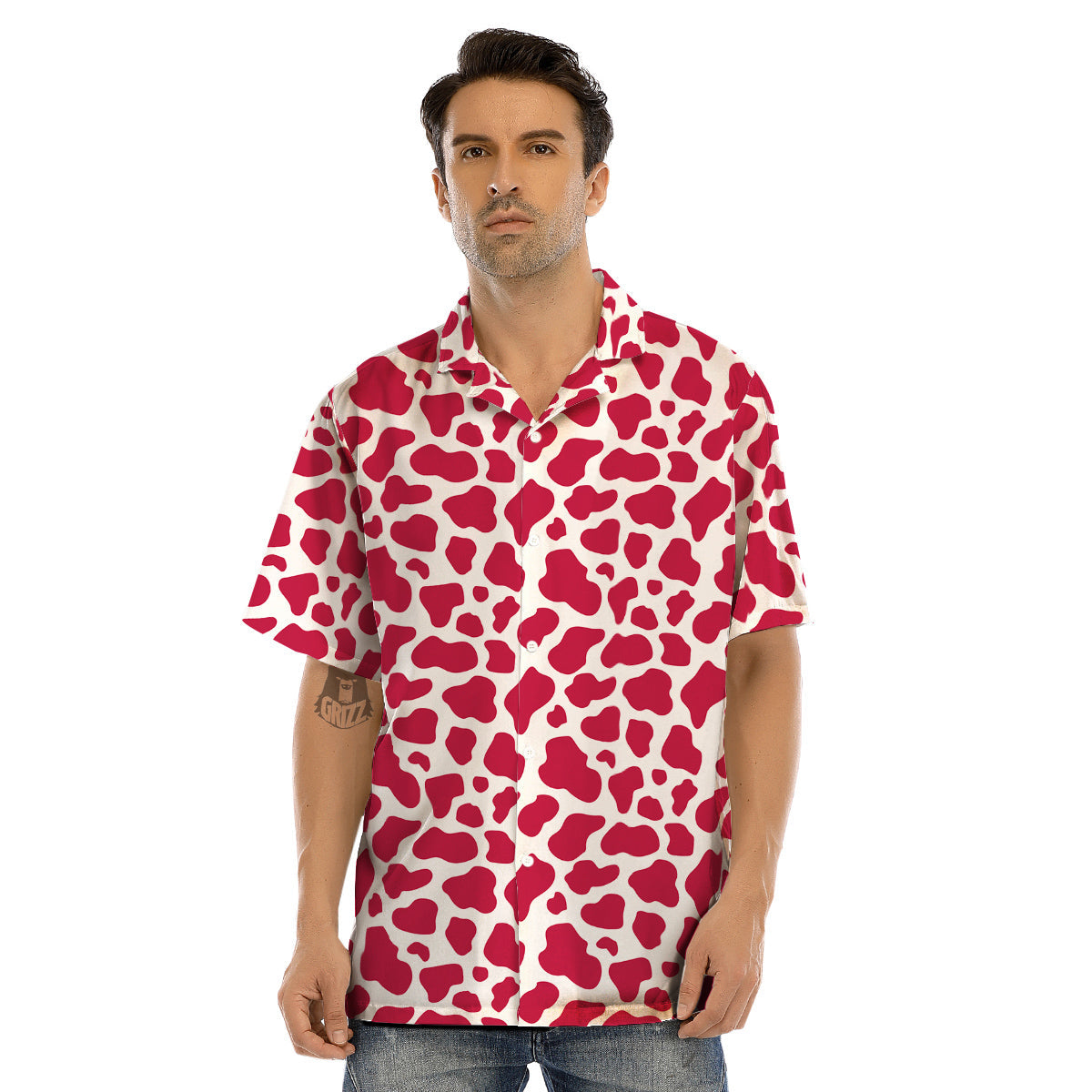 Crimson Cow Print Pattern Men’s Hawaiian Shirt-grizzshop
