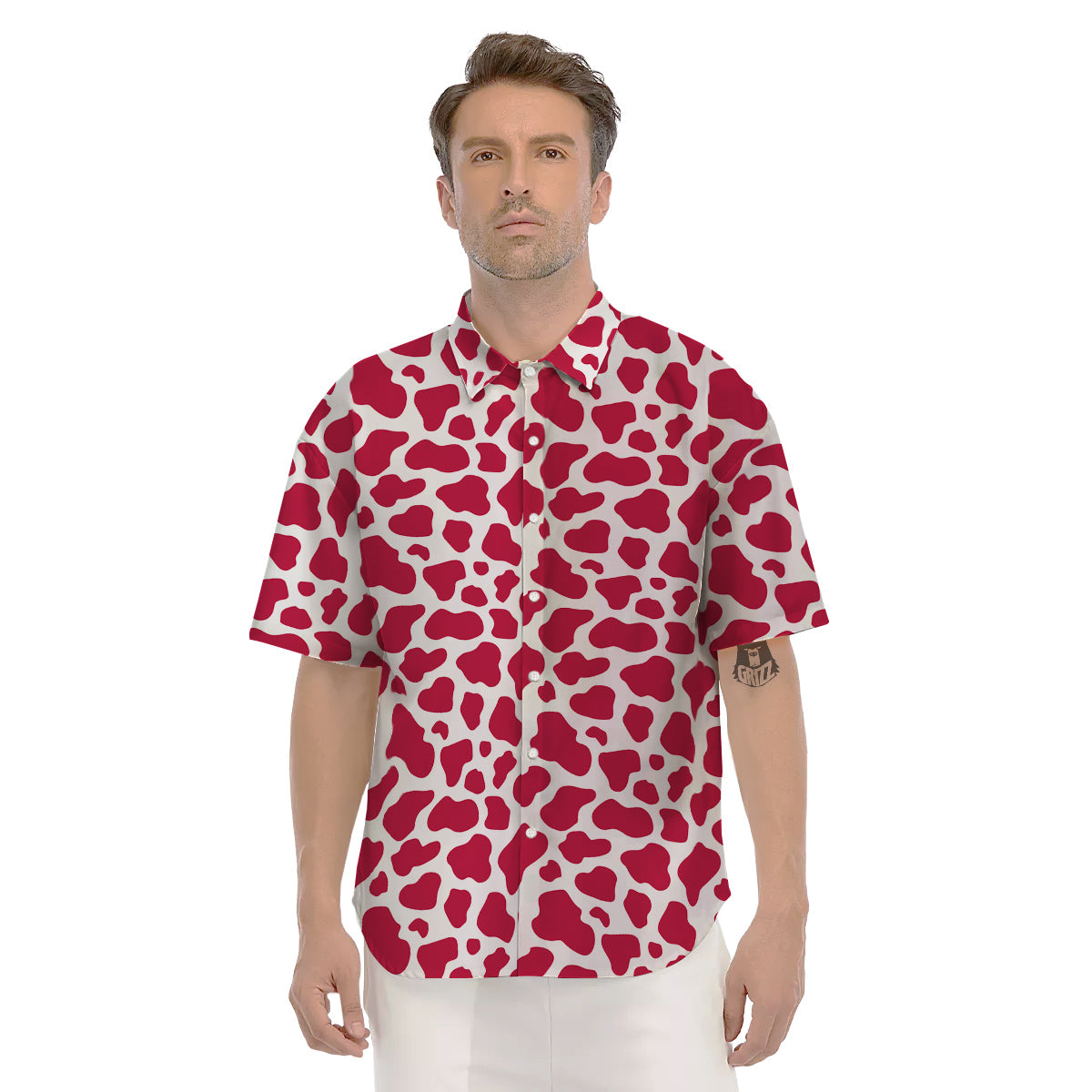 Crimson Cow Print Pattern Men's Short Sleeve Shirts-grizzshop