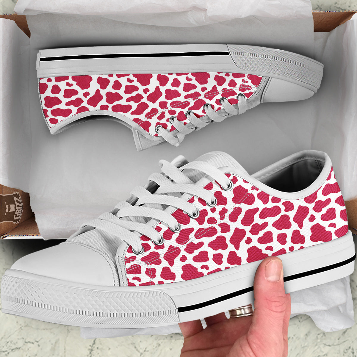 Crimson Cow Print Pattern White Low Top Shoes-grizzshop
