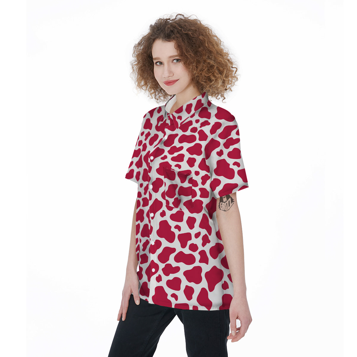 Crimson Cow Print Pattern Women's Short Sleeve Shirts-grizzshop