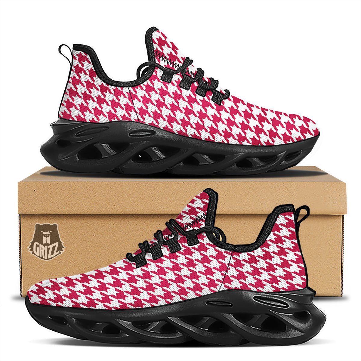 Crimson Houndstooth Print Black Running Shoes-grizzshop