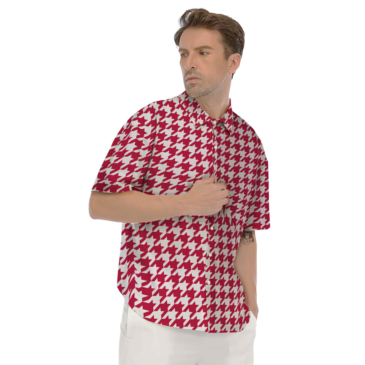 Crimson Houndstooth Print Men's Short Sleeve Shirts-grizzshop