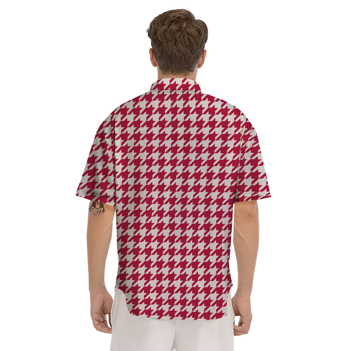 Crimson Houndstooth Print Men's Short Sleeve Shirts-grizzshop