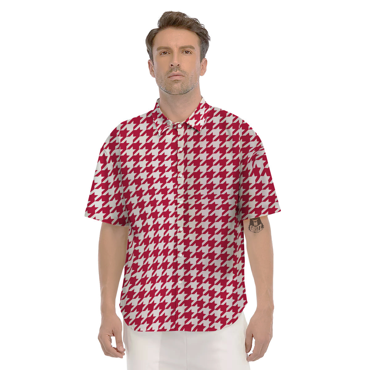 Crimson Houndstooth Print Men's Short Sleeve Shirts-grizzshop