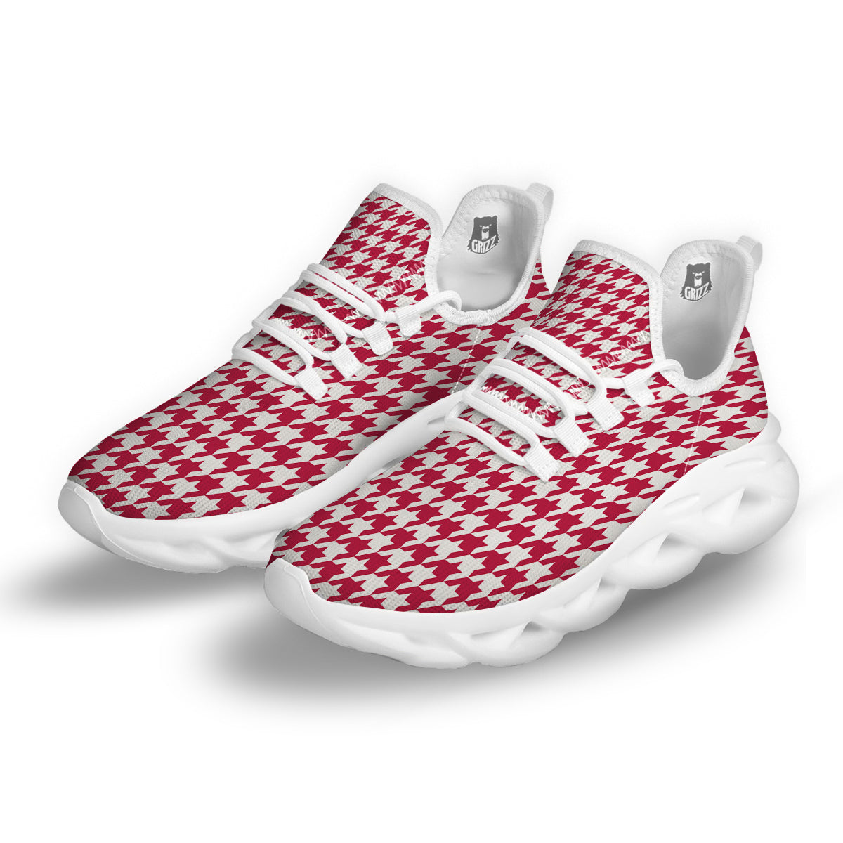 Crimson Houndstooth Print White Running Shoes-grizzshop