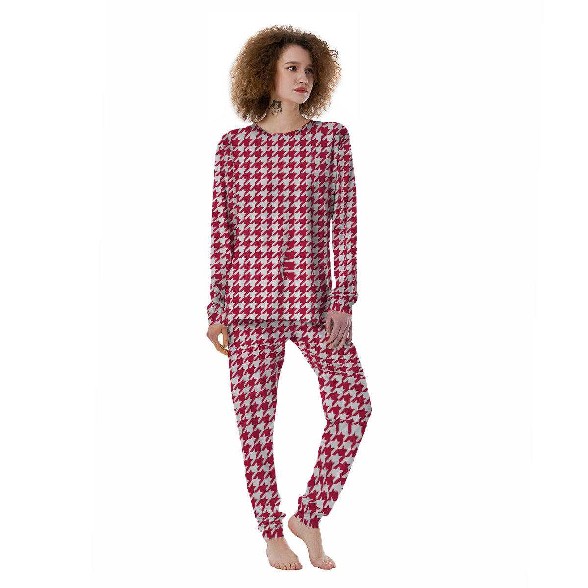 Crimson Houndstooth Print Women's Pajamas-grizzshop