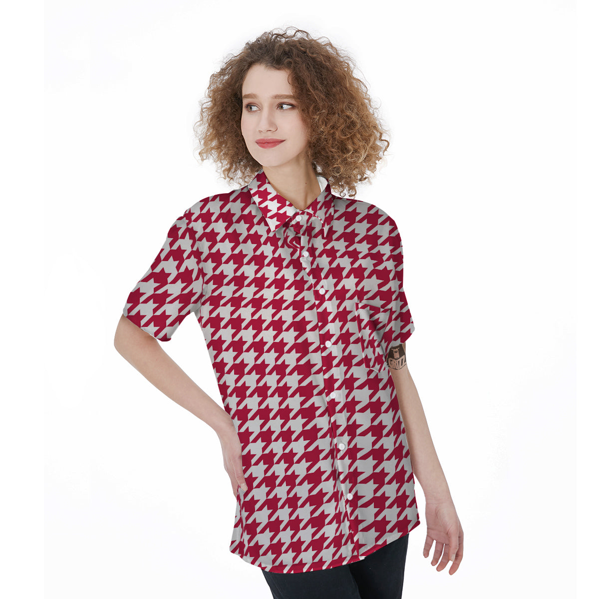 Crimson Houndstooth Print Women's Short Sleeve Shirts-grizzshop