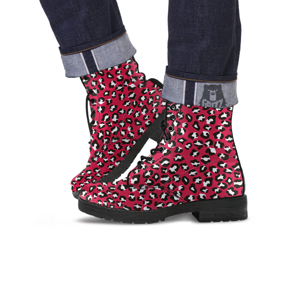 Crimson Leopard Print Pattern Leather Boots-grizzshop