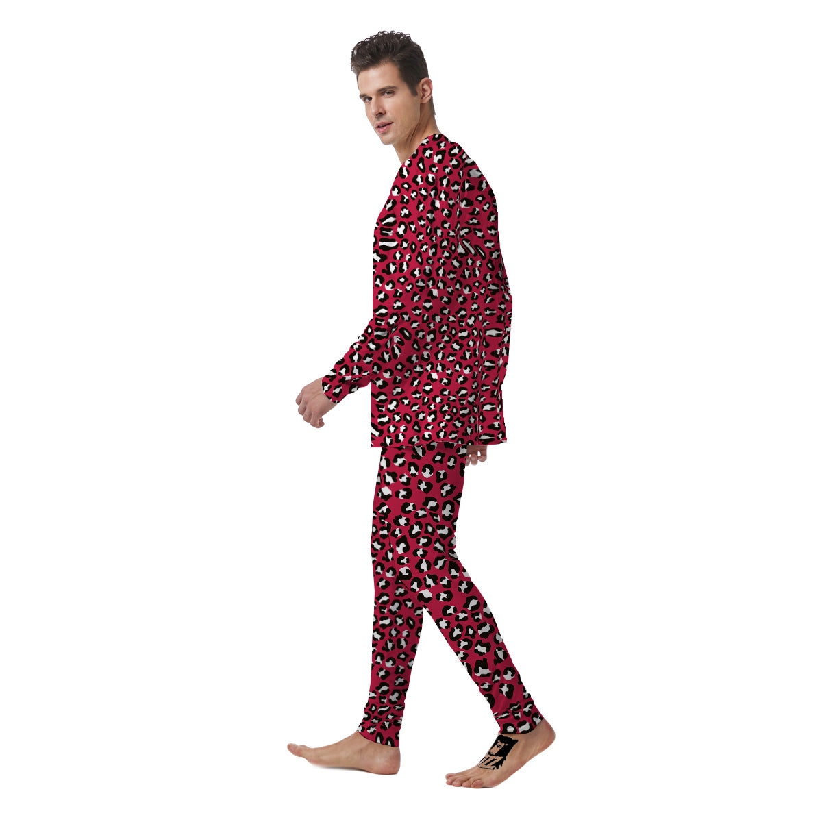 Crimson Leopard Print Pattern Men's Pajamas-grizzshop