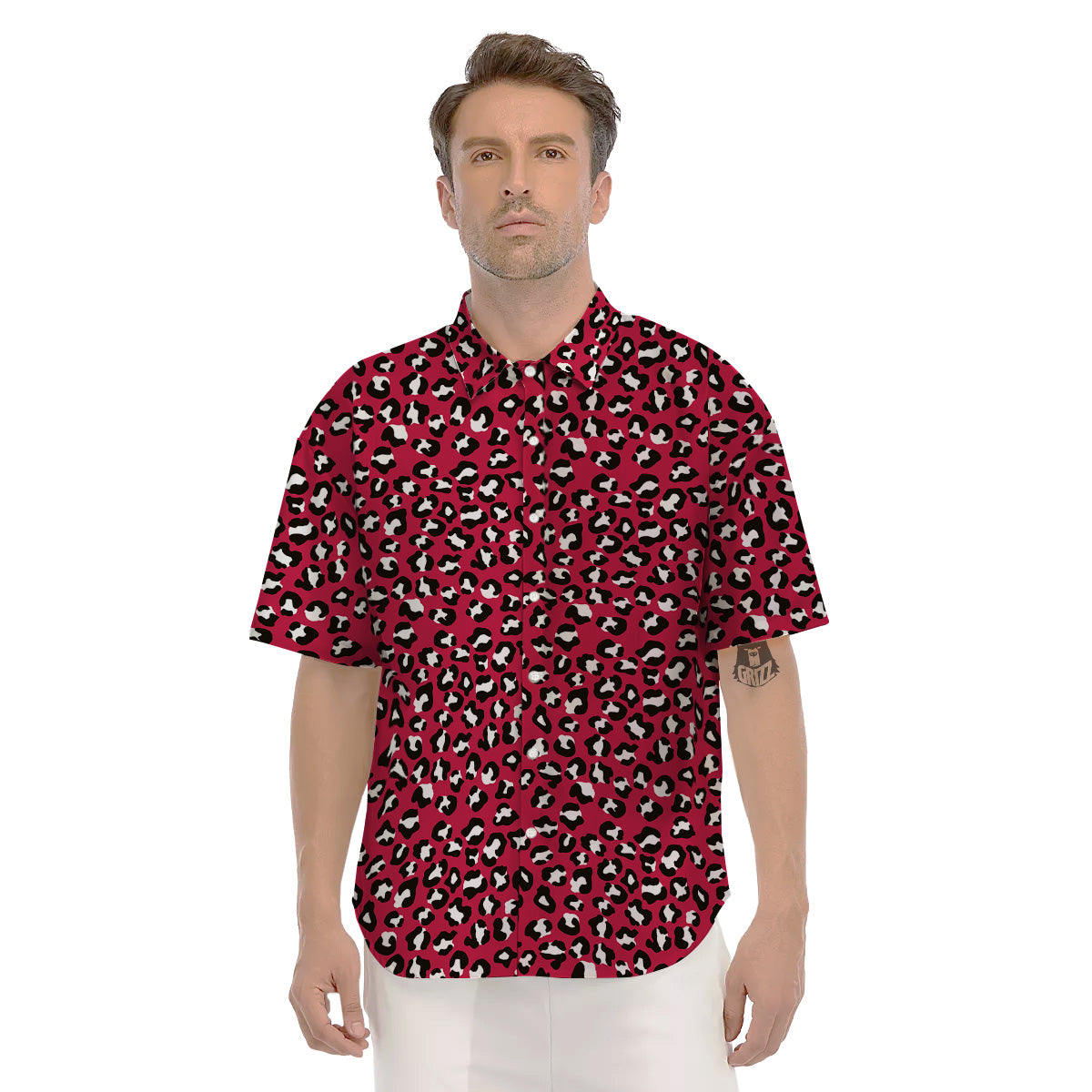 Crimson Leopard Print Pattern Men's Short Sleeve Shirts-grizzshop