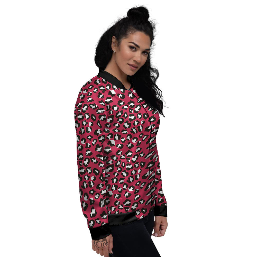 Crimson Leopard Print Pattern Women's Bomber Jacket-grizzshop