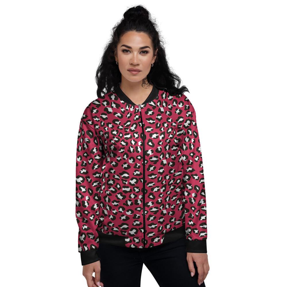 Crimson Leopard Print Pattern Women's Bomber Jacket-grizzshop