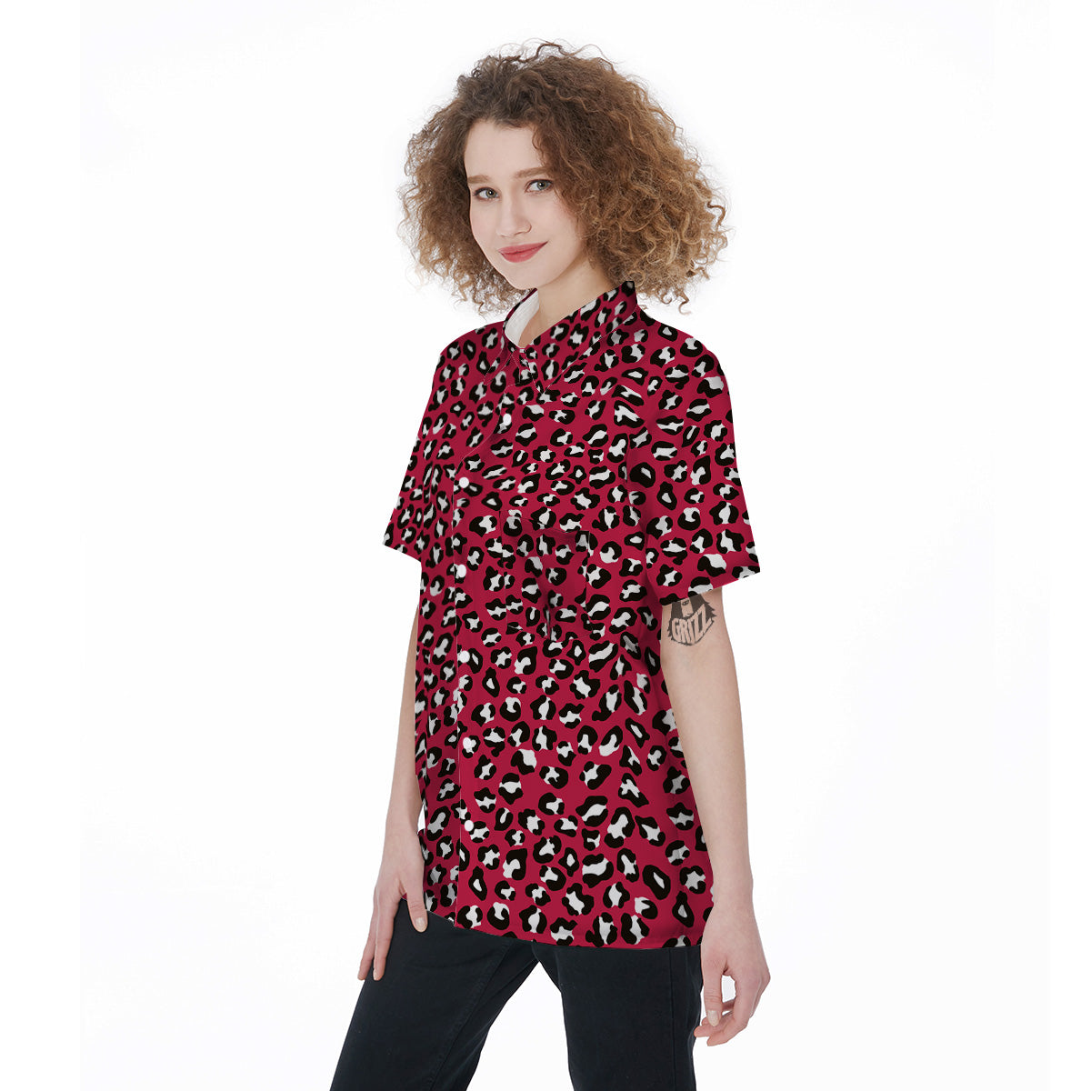 Crimson Leopard Print Pattern Women's Short Sleeve Shirts-grizzshop