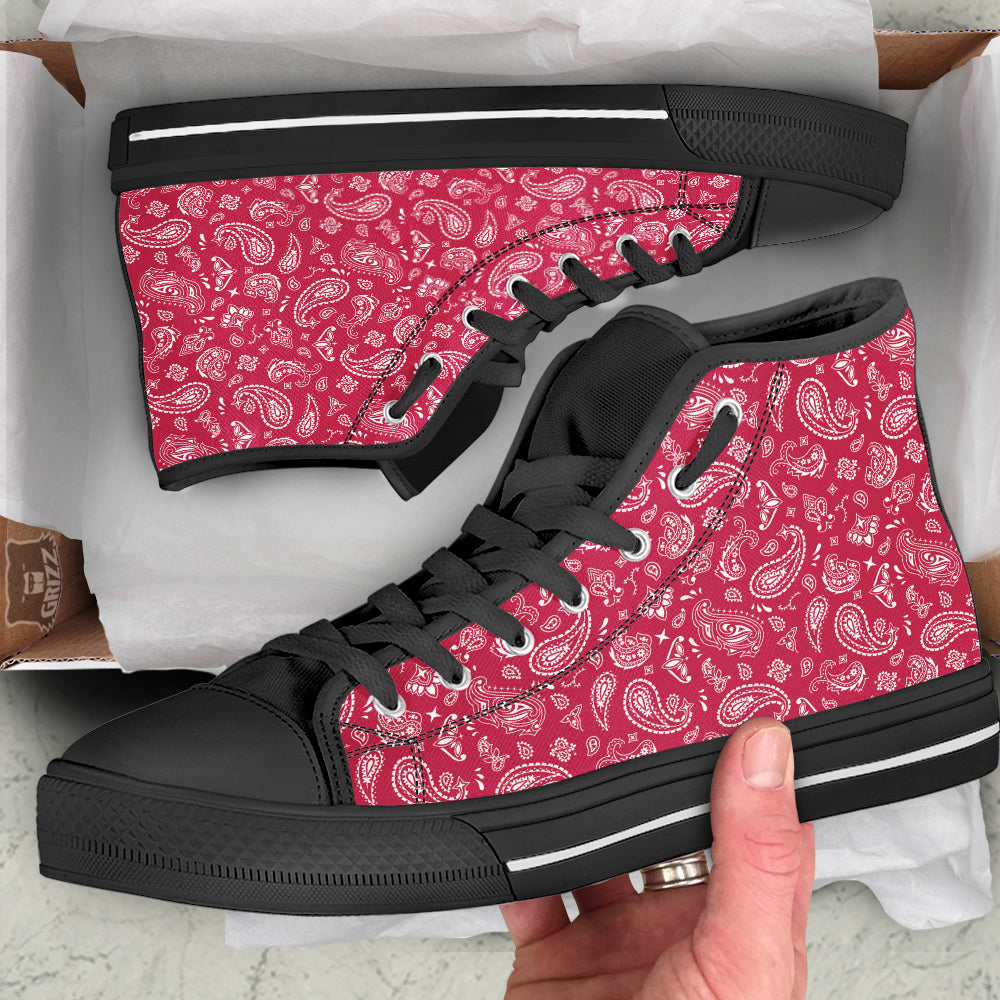 Crimson Paisley Bandana Print Black High Top Shoes-grizzshop