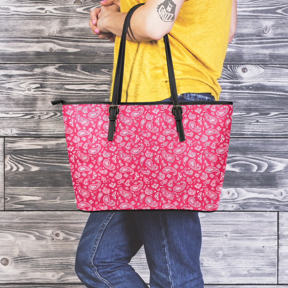 Crimson Paisley Bandana Print Leather Tote Bag-grizzshop