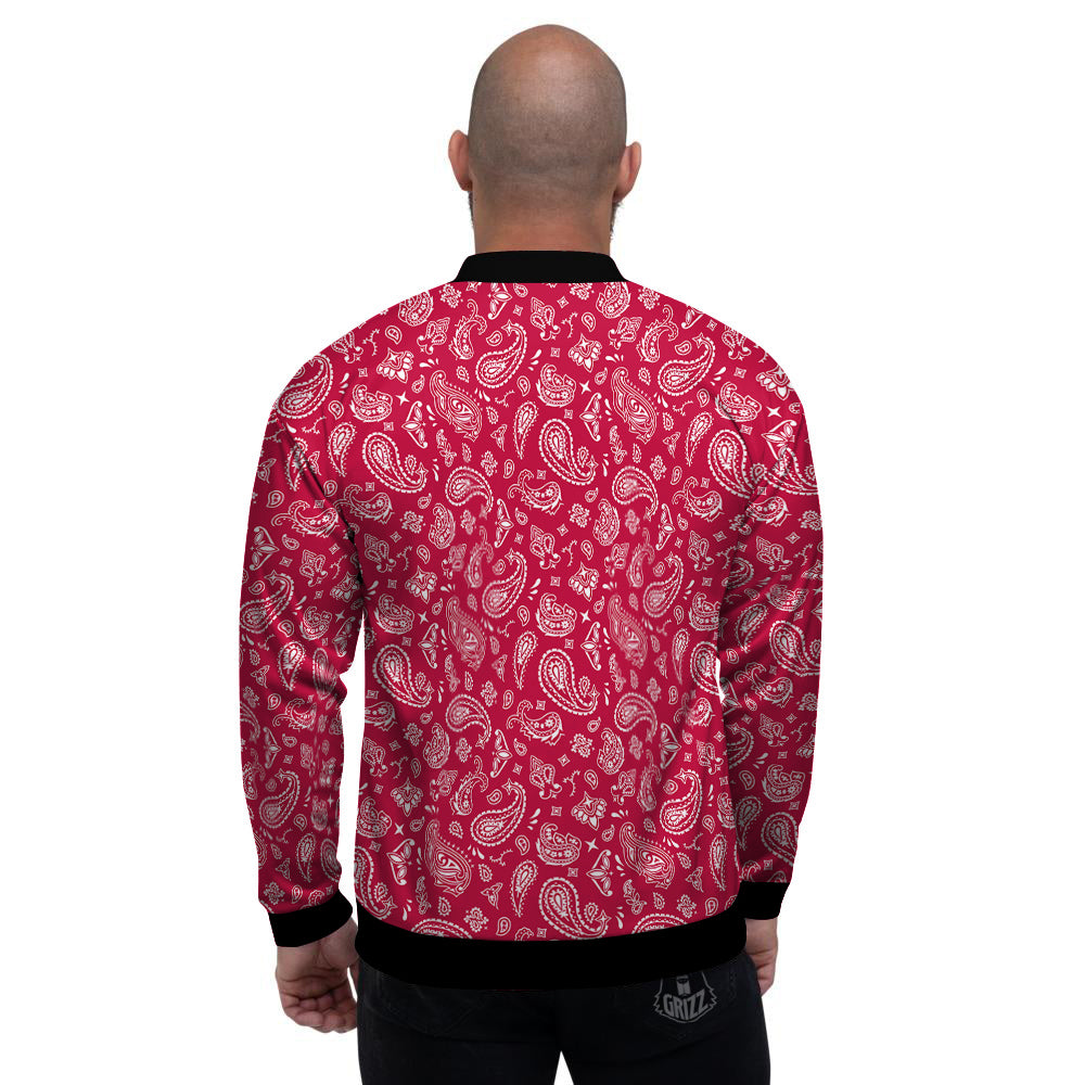 Crimson Paisley Bandana Print Men's Bomber Jacket-grizzshop