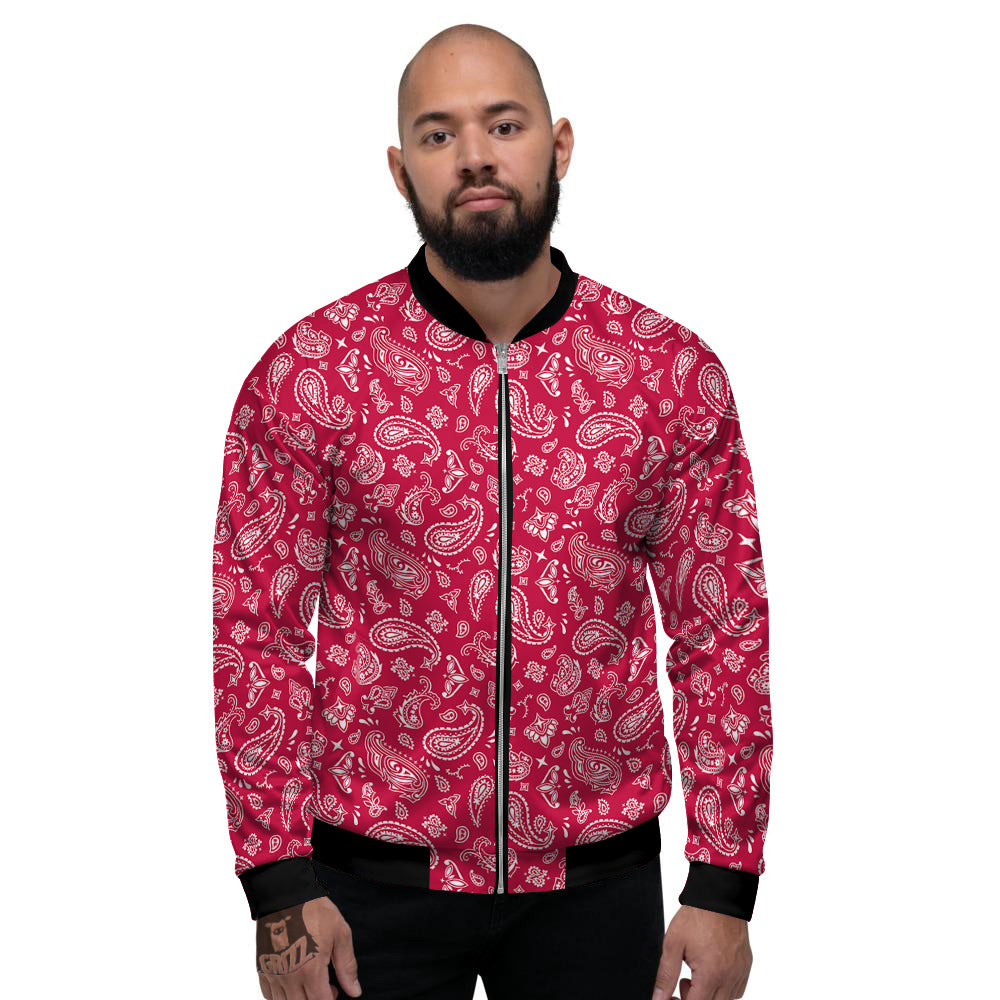 Crimson Paisley Bandana Print Men's Bomber Jacket-grizzshop