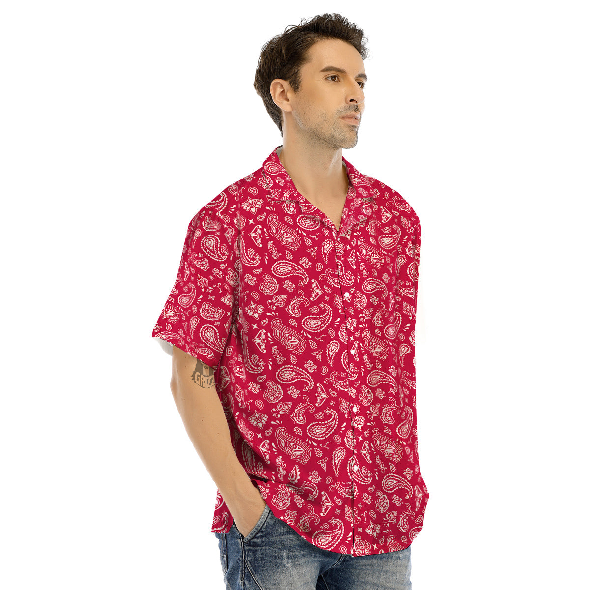 Crimson Paisley Bandana Print Men’s Hawaiian Shirt-grizzshop