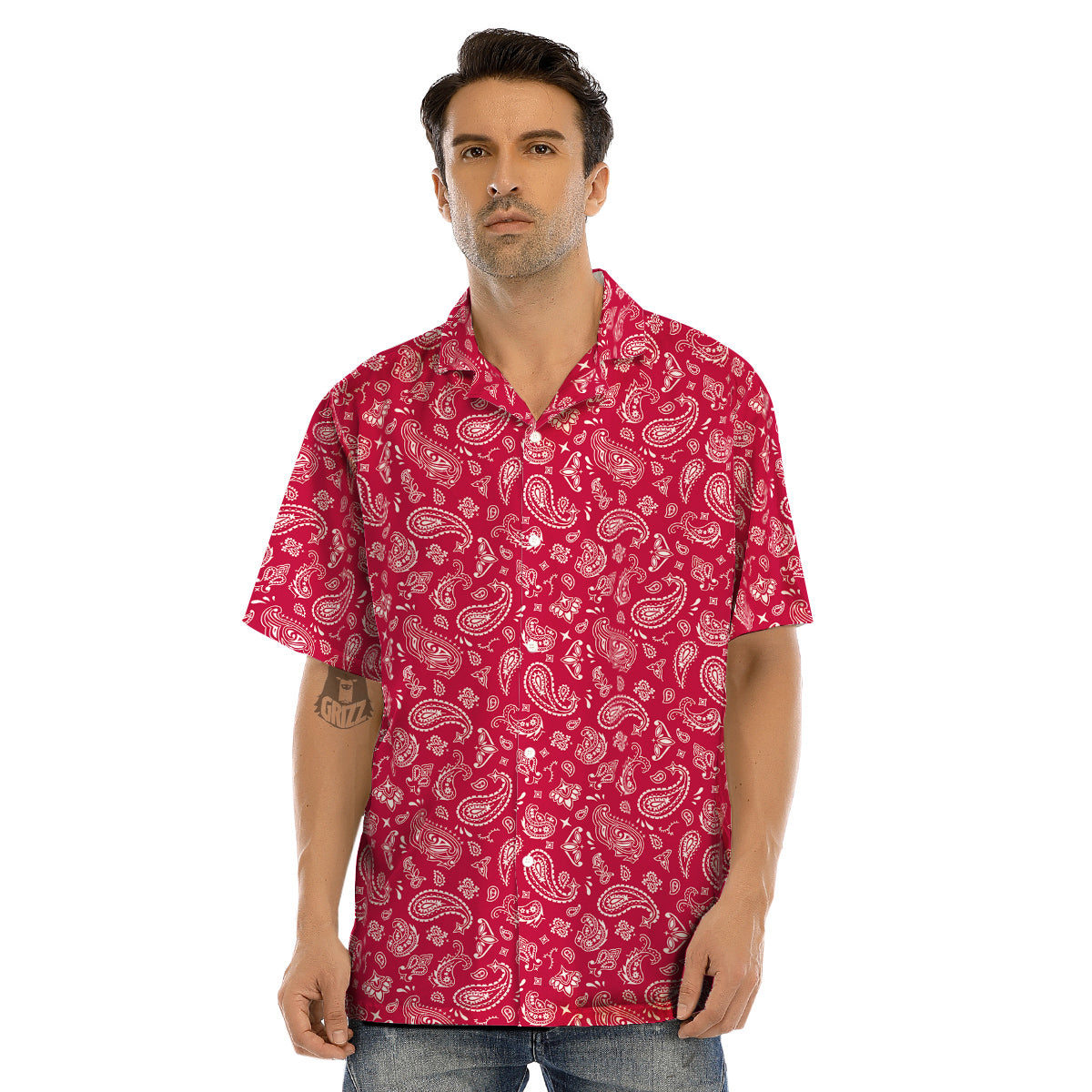 Crimson Paisley Bandana Print Men’s Hawaiian Shirt-grizzshop