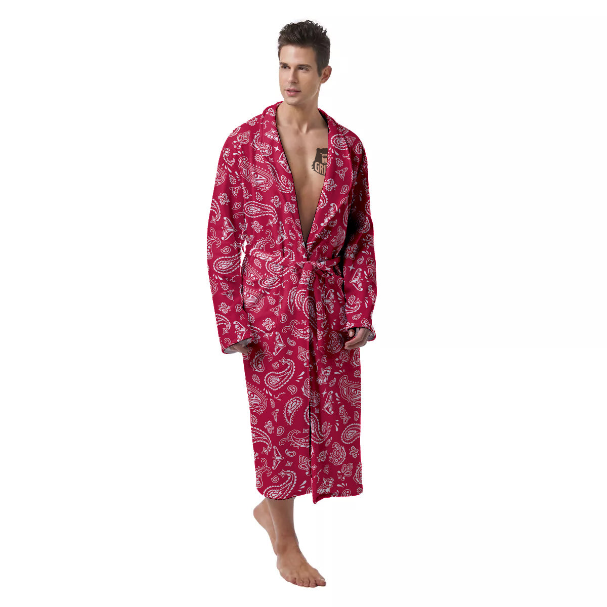 Crimson Paisley Bandana Print Men's Robe-grizzshop