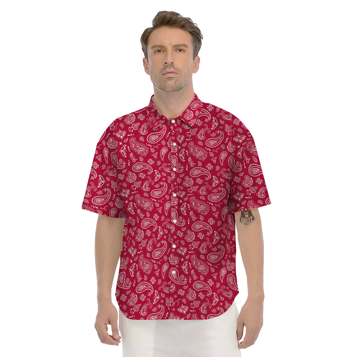 Crimson Paisley Bandana Print Men's Short Sleeve Shirts-grizzshop