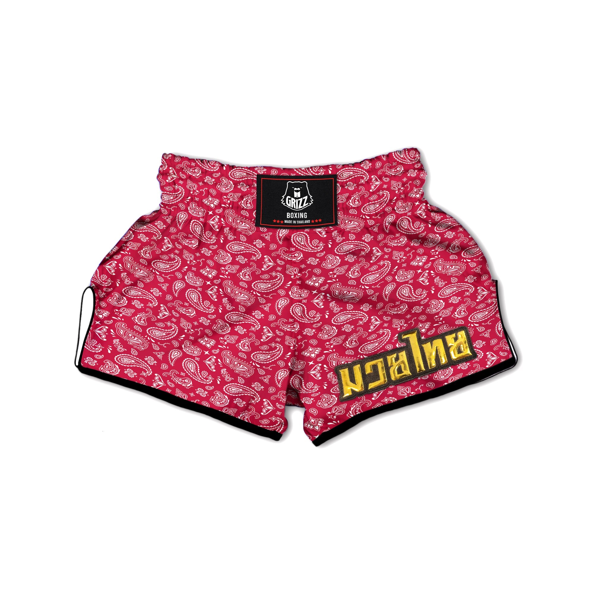 Crimson Paisley Bandana Print Muay Thai Boxing Shorts-grizzshop