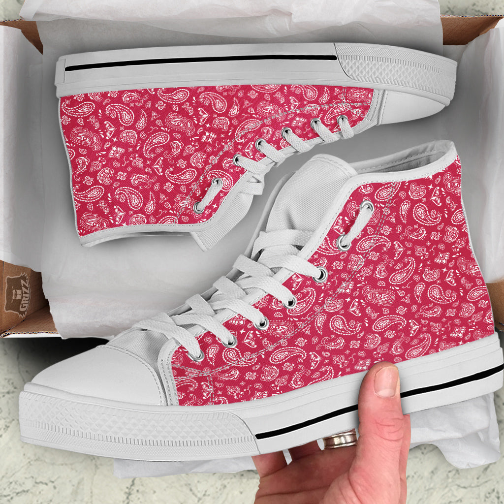 Crimson Paisley Bandana Print White High Top Shoes-grizzshop