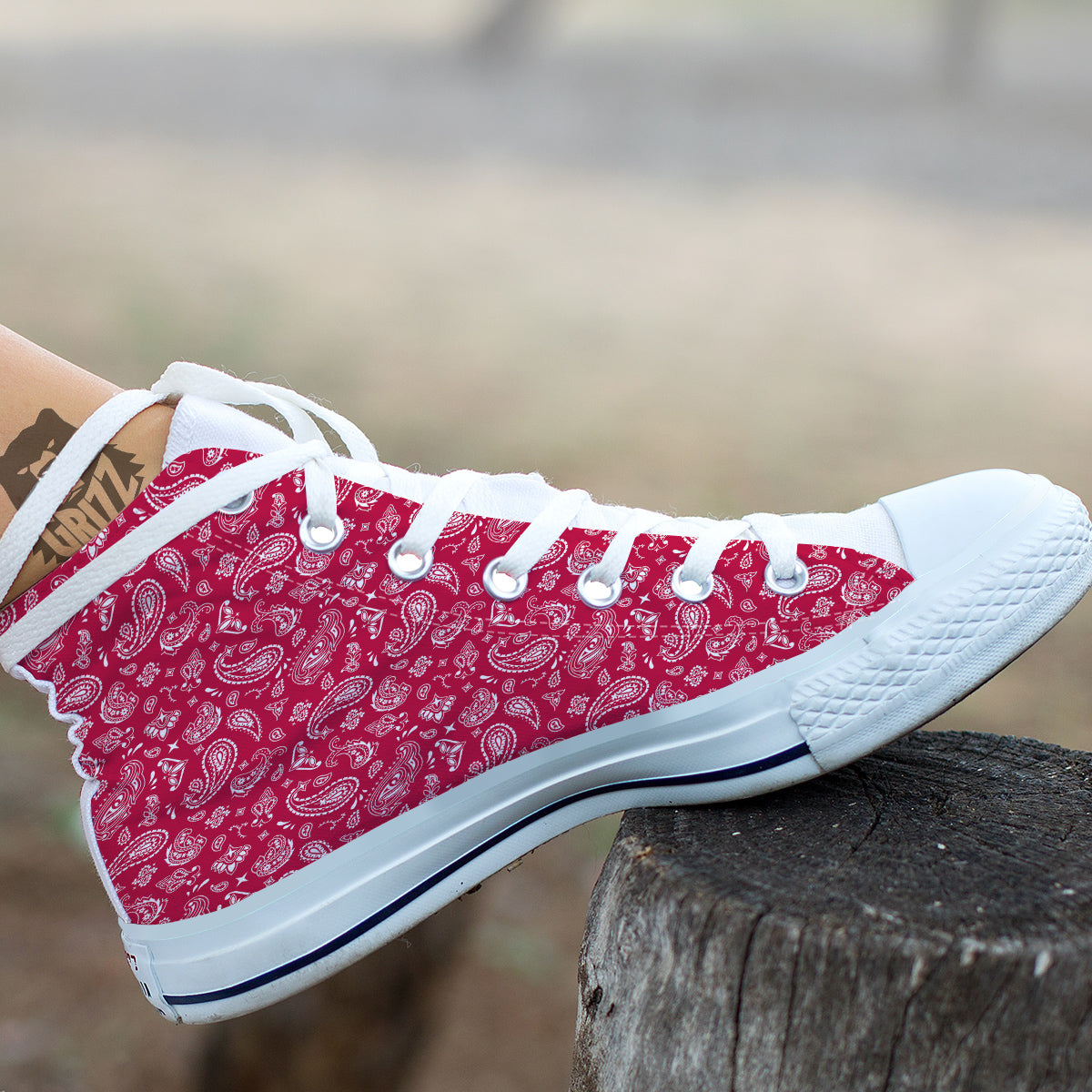 Crimson Paisley Bandana Print White High Top Shoes-grizzshop