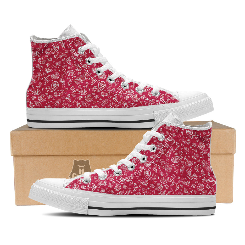 Crimson Paisley Bandana Print White High Top Shoes-grizzshop