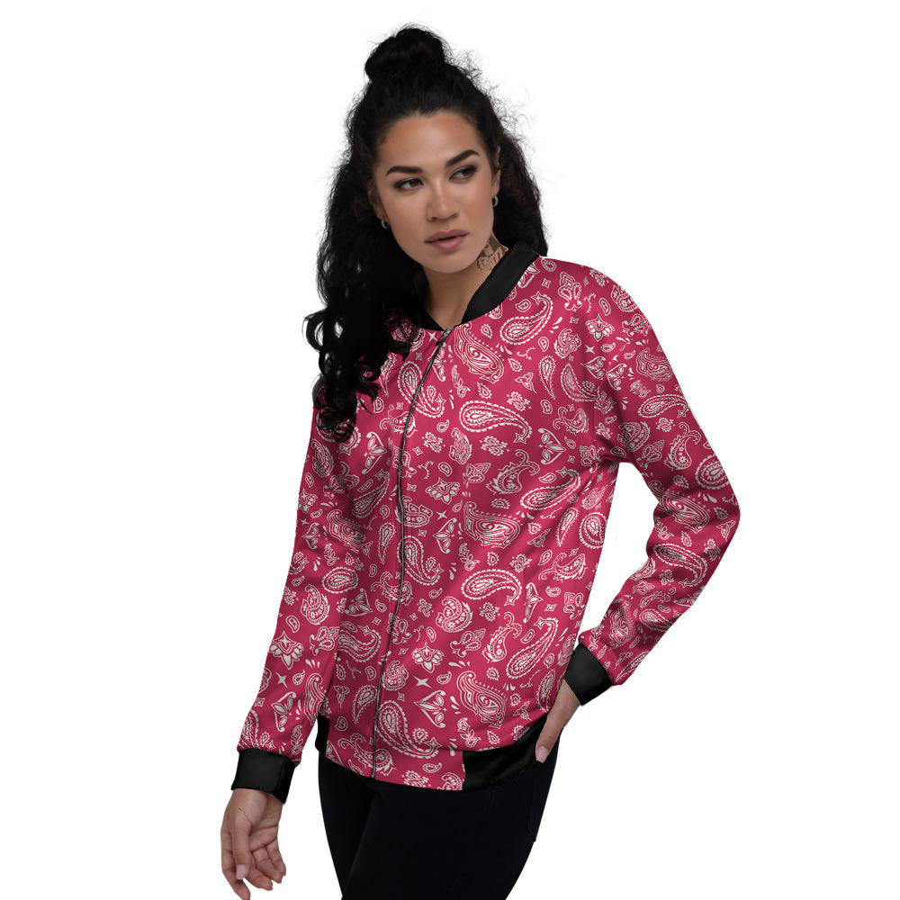 Crimson Paisley Bandana Print Women's Bomber Jacket-grizzshop