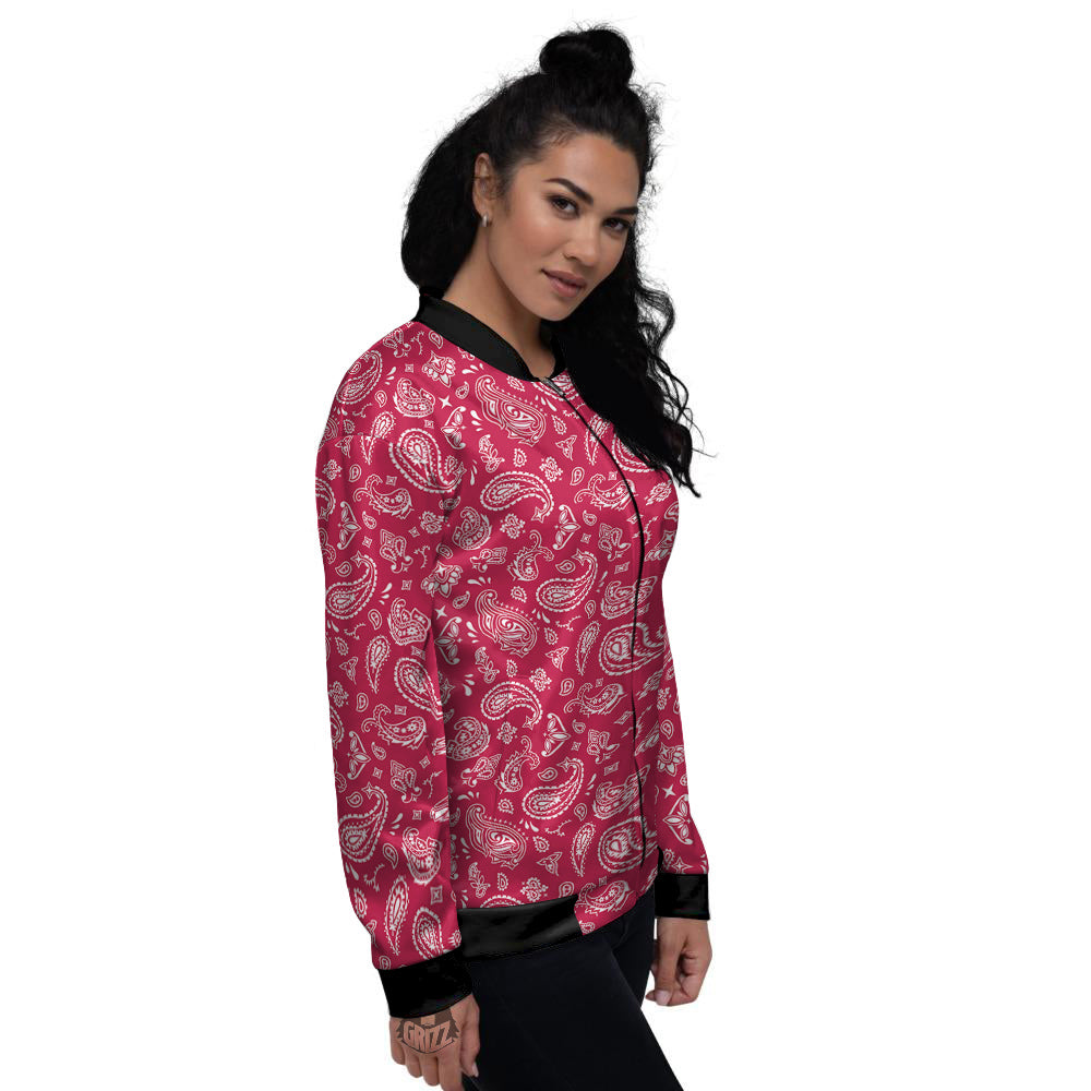 Crimson Paisley Bandana Print Women's Bomber Jacket-grizzshop