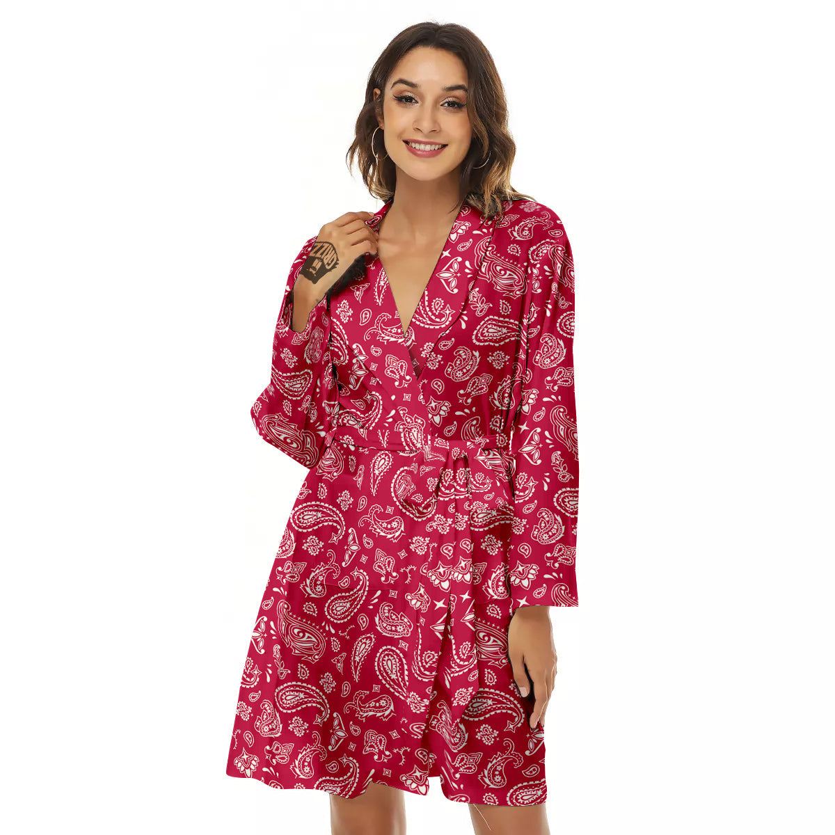 Crimson Paisley Bandana Print Women's Robe-grizzshop