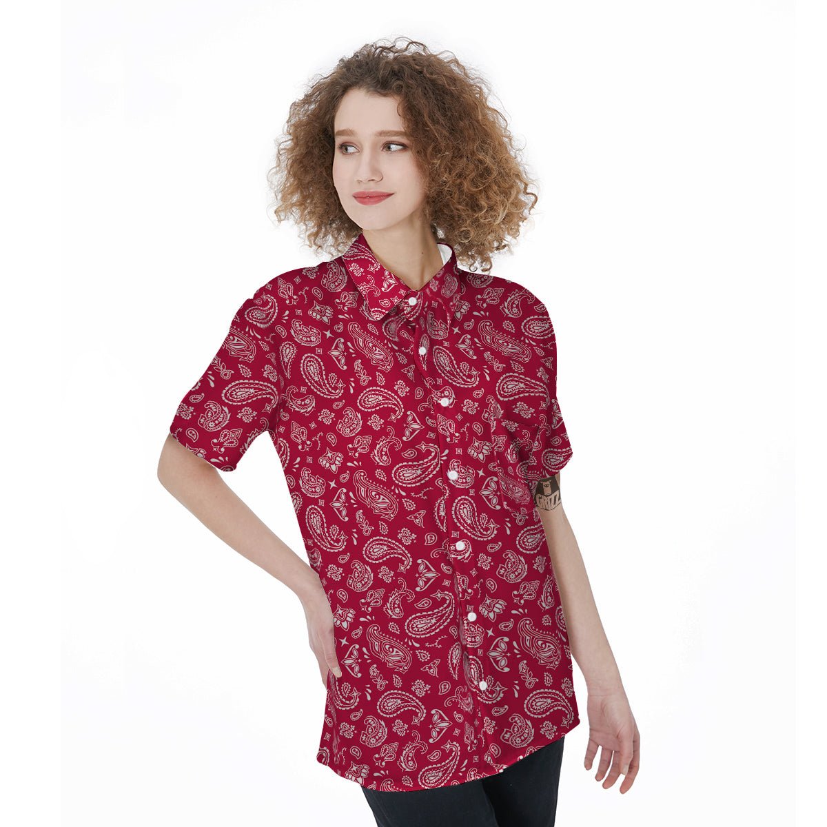 Crimson Paisley Bandana Print Women's Short Sleeve Shirts-grizzshop