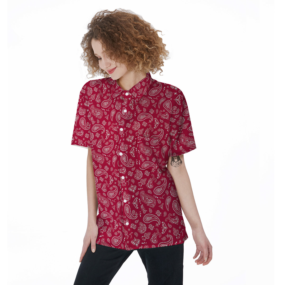 Crimson Paisley Bandana Print Women's Short Sleeve Shirts-grizzshop