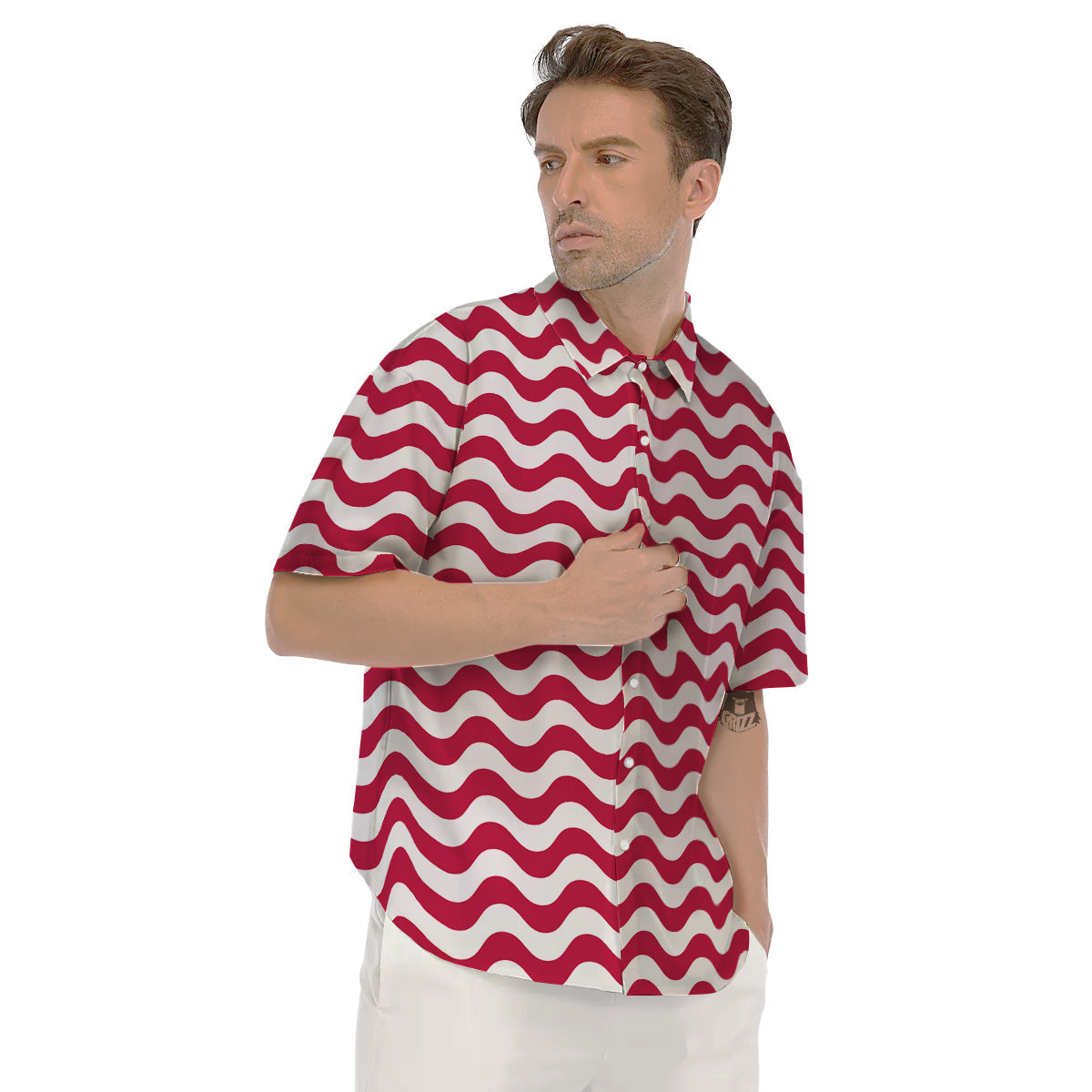 Crimson Wave Striped Print Men's Short Sleeve Shirts-grizzshop