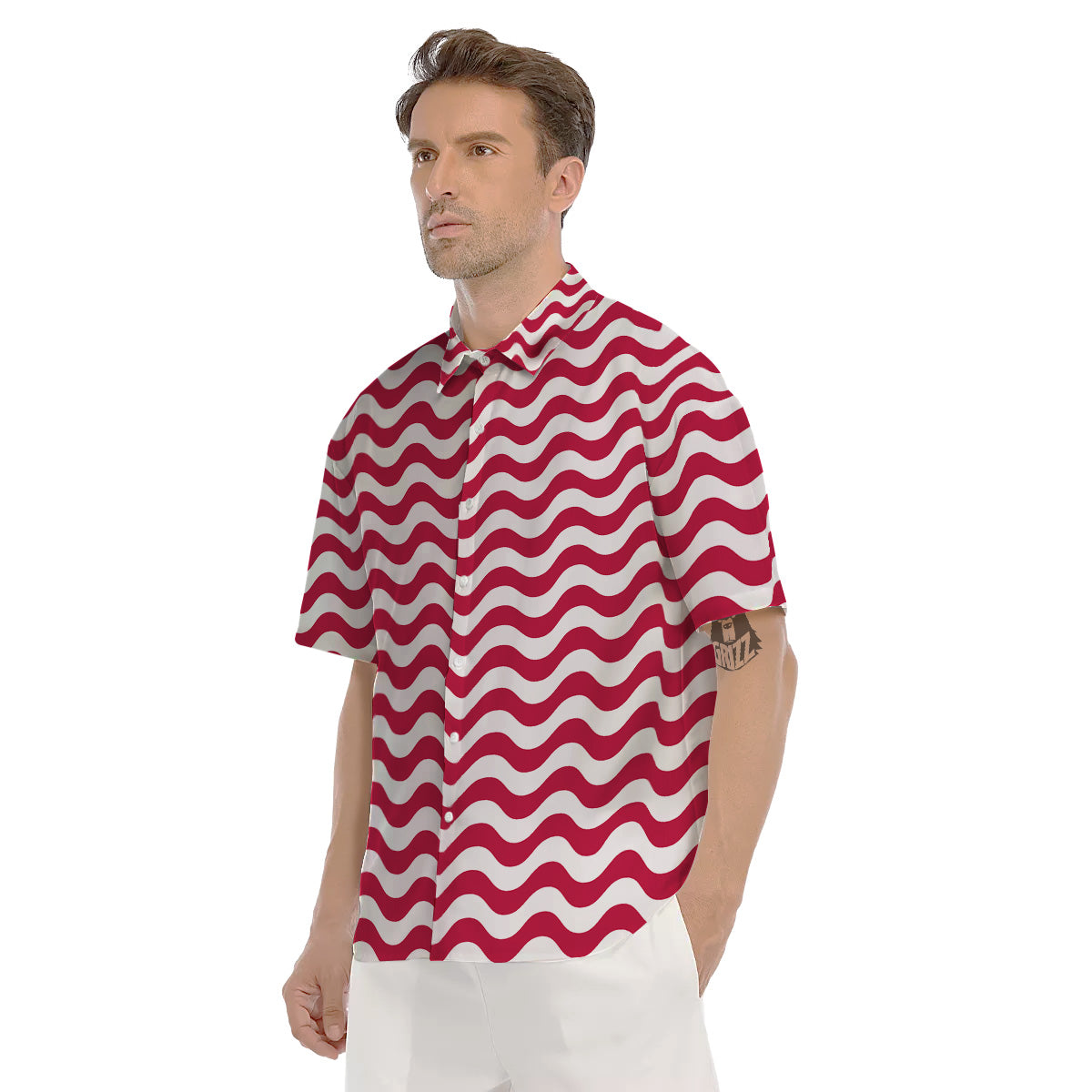 Crimson Wave Striped Print Men's Short Sleeve Shirts-grizzshop