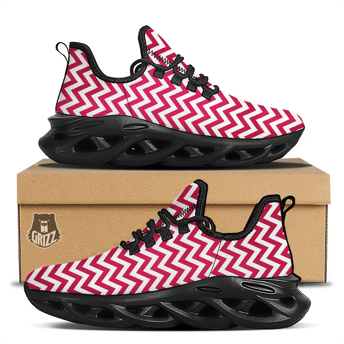 Crimson Zigzag Print Pattern Black Running Shoes-grizzshop