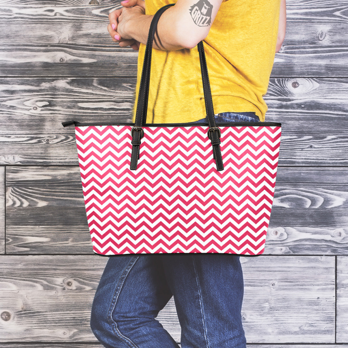 Crimson Zigzag Print Pattern Leather Tote Bag-grizzshop