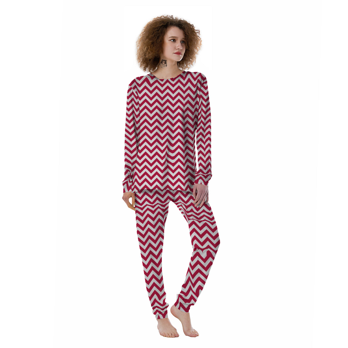 Crimson Zigzag Print Pattern Women's Pajamas-grizzshop