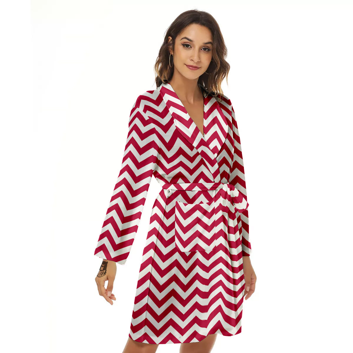 Crimson Zigzag Print Pattern Women's Robe-grizzshop