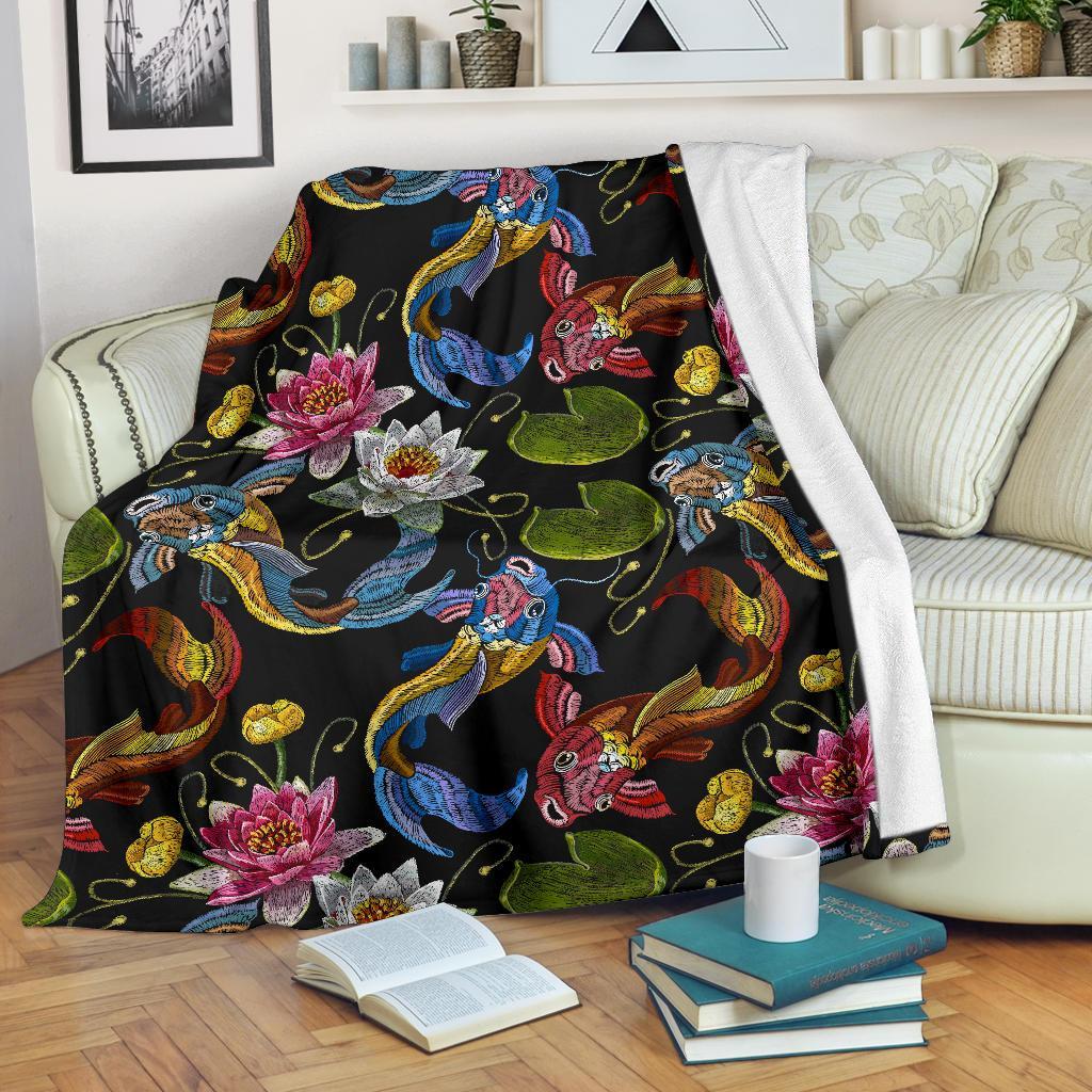 Crochet Koi Fish Lotus Pattern Print Blanket-grizzshop