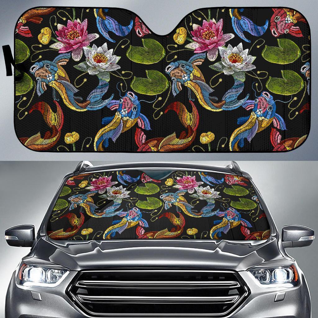 Crochet Koi Fish Lotus Pattern Print Car Sun Shade-grizzshop