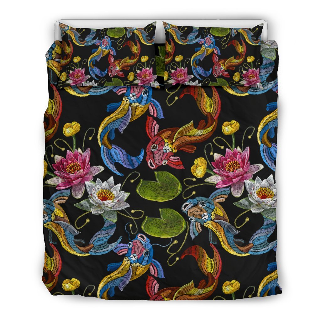 Crochet Koi Fish Lotus Pattern Print Duvet Cover Bedding Set-grizzshop